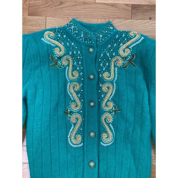 *Vintage Belldini Angora Embellished Button Cardigan Sweater M Green Gold Jewel - Picture 5 of 11